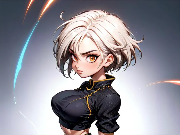 A mature 40-year-old woman with an asymmetrical pixie cut, rendered in high-quality anime style. She boasts an uberfit physique, accentuated by clothing with highly detailed shading and textures, reflecting a meticulous design process. The hair is given exceptional attention, with rich shading and precise line work to enhance depth and volume, creating a striking visual effect. Her eyes are large and detailed, a key feature in anime that captures a wide range of emotions. The addition of advanced dynamic lighting and vibrant colors brings out the realism and depth in her overall appearance. The quality of lineart throughout is intensified, with sharper and more defined lines adding clarity and precision to both the character and her attire. Against a plain white background, these details ensure that the focus remains squarely on the character, highlighting the sophisticated lineart and shading on her hair and clothing.
<lora:koreandolllikeness_xl:0.5> koreandolllikeness
 <lora:[GP]Thicc Style XL:0.6> curvy, wide hips