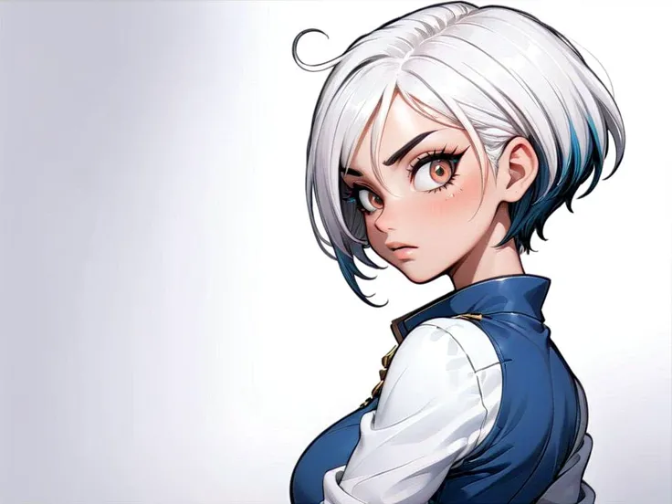A mature 40-year-old woman with an asymmetrical pixie cut, rendered in high-quality anime style. She boasts an uberfit physique, accentuated by clothing with highly detailed shading and textures, reflecting a meticulous design process. The hair is given exceptional attention, with rich shading and precise line work to enhance depth and volume, creating a striking visual effect. Her eyes are large and detailed, a key feature in anime that captures a wide range of emotions. The addition of advanced dynamic lighting and vibrant colors brings out the realism and depth in her overall appearance. The quality of lineart throughout is intensified, with sharper and more defined lines adding clarity and precision to both the character and her attire. Against a plain white background, these details ensure that the focus remains squarely on the character, highlighting the sophisticated lineart and shading on her hair and clothing.
<lora:koreandolllikeness_xl:0.5> koreandolllikeness
 <lora:[GP]Thicc Style XL:0.6> curvy, wide hips