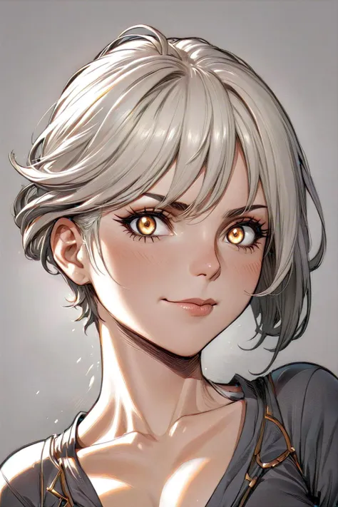 A mature 40-year-old woman with an asymmetrical pixie cut, rendered in high-quality anime style. She boasts an uberfit physique, accentuated by clothing with highly detailed shading and textures, reflecting a meticulous design process. The hair is given exceptional attention, with rich shading and precise line work to enhance depth and volume, creating a striking visual effect. Her eyes are large and detailed, a key feature in anime that captures a wide range of emotions. The addition of advanced dynamic lighting and vibrant colors brings out the realism and depth in her overall appearance. The quality of lineart throughout is intensified, with sharper and more defined lines adding clarity and precision to both the character and her attire. Against a plain white background, these details ensure that the focus remains squarely on the character, highlighting the sophisticated lineart and shading on her hair and clothing.
 <lora:[GP]Thicc Style XL:0.4> thick thighs, curvy
 <lora:DonM3v1lM4dn355XL:0.7> DonM3v1lM4dn355XL
dark eyes, glowing eyes