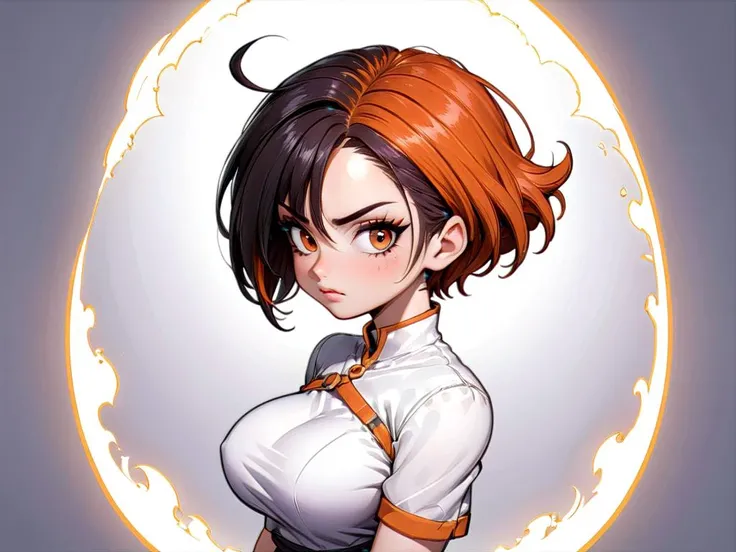 A mature 40-year-old woman with an asymmetrical pixie cut, rendered in high-quality anime style. She boasts an uberfit physique, accentuated by clothing with highly detailed shading and textures, reflecting a meticulous design process. The hair is given exceptional attention, with rich shading and precise line work to enhance depth and volume, creating a striking visual effect. Her eyes are large and detailed, a key feature in anime that captures a wide range of emotions. The addition of advanced dynamic lighting and vibrant colors brings out the realism and depth in her overall appearance. The quality of lineart throughout is intensified, with sharper and more defined lines adding clarity and precision to both the character and her attire. Against a plain white background, these details ensure that the focus remains squarely on the character, highlighting the sophisticated lineart and shading on her hair and clothing.
<lora:koreandolllikeness_xl:0.5> koreandolllikeness
 <lora:[GP]Thicc Style XL:0.6> curvy, wide hips