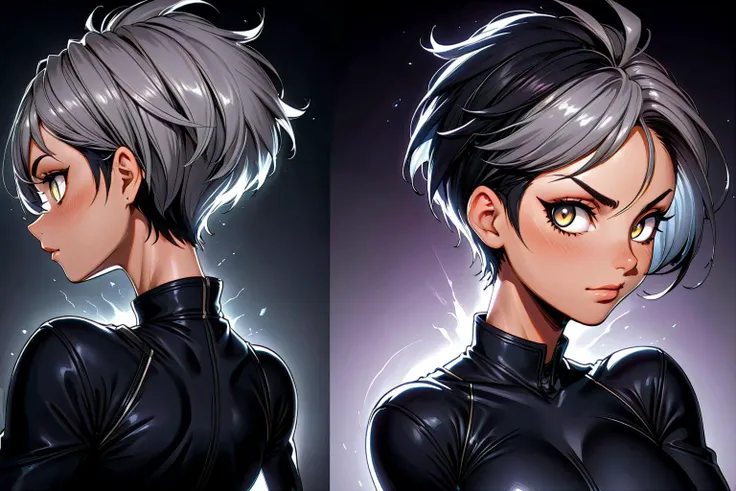 A mature 40-year-old woman with an asymmetrical pixie cut, rendered in high-quality anime style. She boasts an uberfit physique, accentuated by clothing with highly detailed shading and textures, reflecting a meticulous design process. The hair is given exceptional attention, with rich shading and precise line work to enhance depth and volume, creating a striking visual effect. Her eyes are large and detailed, a key feature in anime that captures a wide range of emotions. The addition of advanced dynamic lighting and vibrant colors brings out the realism and depth in her overall appearance. The quality of lineart throughout is intensified, with sharper and more defined lines adding clarity and precision to both the character and her attire. Against a plain white background, these details ensure that the focus remains squarely on the character, highlighting the sophisticated lineart and shading on her hair and clothing.
 <lora:[GP]Thicc Style XL:0.4> thick thighs, curvy
 <lora:DonM3v1lM4dn355XL:0.7> DonM3v1lM4dn355XL
dark eyes, glowing eyes
Dark Gray hair