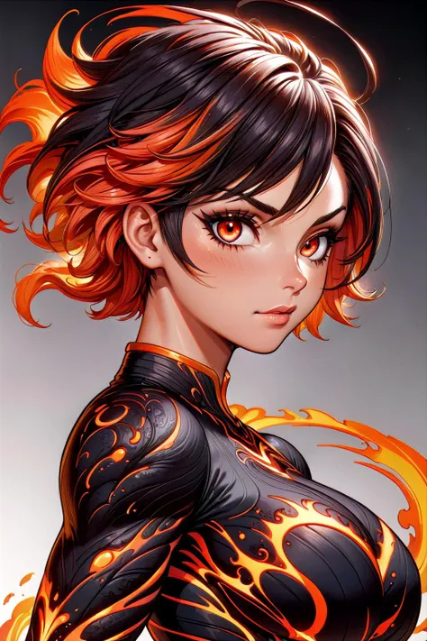 A mature 40-year-old woman with an asymmetrical pixie cut, rendered in high-quality anime style. She boasts an uberfit physique, accentuated by clothing with highly detailed shading and textures, reflecting a meticulous design process. The hair is given exceptional attention, with rich shading and precise line work to enhance depth and volume, creating a striking visual effect. Her eyes are large and detailed, a key feature in anime that captures a wide range of emotions. The addition of advanced dynamic lighting and vibrant colors brings out the realism and depth in her overall appearance. The quality of lineart throughout is intensified, with sharper and more defined lines adding clarity and precision to both the character and her attire. Against a plain white background, these details ensure that the focus remains squarely on the character, highlighting the sophisticated lineart and shading on her hair and clothing.
clothing adorned with intricate lava patterns, lava-themed tattoos flowing across visible skin
<lora:[GP]Thicc Style XL:0.4> thick thighs, curvy
<lora:uberfit_lora_sdxl:0.1> uberfit, muscular
<lora:DonM3v1lM4dn355XL:0.4> DonM3v1lM4dn355XL
dark eyes, glowing eyes
Soft Coral hair  
<lora:ral-lava-sdxl-v2:0.3> ral-lava