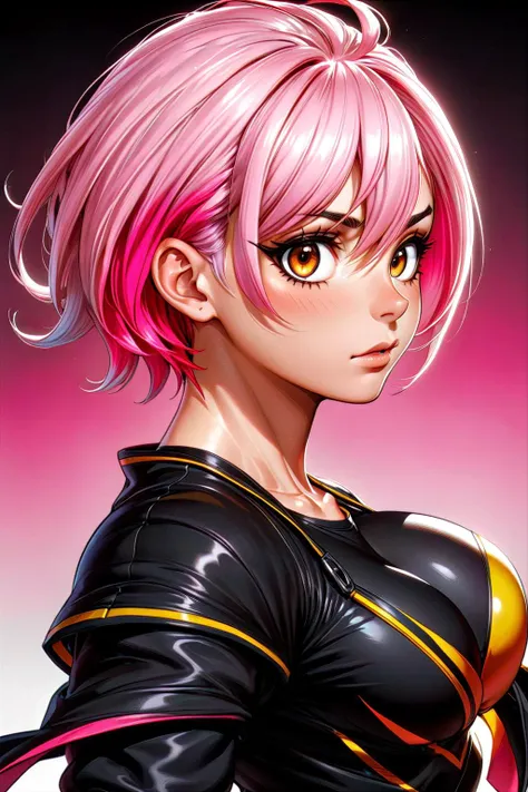 A mature 40-year-old woman with an asymmetrical pixie cut, rendered in high-quality anime style. She boasts an uberfit physique, accentuated by clothing with highly detailed shading and textures, reflecting a meticulous design process. The hair is given exceptional attention, with rich shading and precise line work to enhance depth and volume, creating a striking visual effect. Her eyes are large and detailed, a key feature in anime that captures a wide range of emotions. The addition of advanced dynamic lighting and vibrant colors brings out the realism and depth in her overall appearance. The quality of lineart throughout is intensified, with sharper and more defined lines adding clarity and precision to both the character and her attire. Against a plain white background, these details ensure that the focus remains squarely on the character, highlighting the sophisticated lineart and shading on her hair and clothing.
<lora:[GP]Thicc Style XL:0.4> thick thighs, curvy
<lora:uberfit_lora_sdxl:0.1> uberfit, muscular
<lora:DonM3v1lM4dn355XL:0.4> DonM3v1lM4dn355XL
dark eyes, glowing eyes
Light Pink hair  
<lora:ral-lava-sdxl-v2:0.5> ral-lava