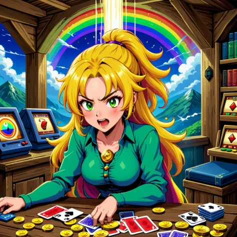 lcas artstyle, a beautiful female rogue brigand in a screaming match, (detailed facial features), crowded medieval inn, card game, piles of gold coin, brawl, bright primary colors, rainbow splash, <lora:Lucasarts Artstyle - (Trigger is lcas artstyle):1>