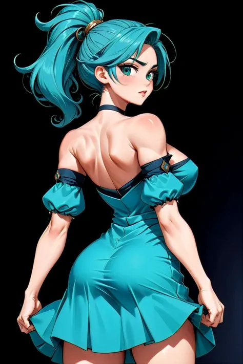 Create a high-quality anime illustration of a woman emphasizing bold lines and details reminiscent of professional manga art. The character should convey elegance and strength, with sharp, engaging eyes and a modern, fashionable outfit that suits her hairstyle. Opt for a minimalist background, focusing on a clean and uncluttered look to highlight her striking pose and confident demeanor. Her facial expression should be composed and slightly smiling, embodying both serenity and confidence.
(twisted ponytail  hairstyle:1.3),
(Aqua Marine hair:1.3),
(Back to Camera, Looking Back: Adds mystery and allure, inviting viewers to ponder what caught the subject's attention.:1.3)
<lora:uberfit_lora_sdxl:0.3> muscular
<lora:[GP]Thicc Style XL:0.3> thick thighs, curvy, large breasts,
This dress embodies effortless elegance with a modern twist, perfect for the fashion-forward woman. Crafted from lightweight fabric, it boasts a flattering fit that gently hugs the body until the waist before cascading into a relaxed short skirt. The neckline is designed to accentuate the collarbone, while the sleeves offer a hint of sophistication with their subtle detailing. The dress's fabric features a contemporary print, blending classic charm with modern trends. Cinched at the waist, it highlights the silhouette, creating a seamless transition from a structured bodice to a fluid, airy hem, epitomizing the essence of modern femininity.