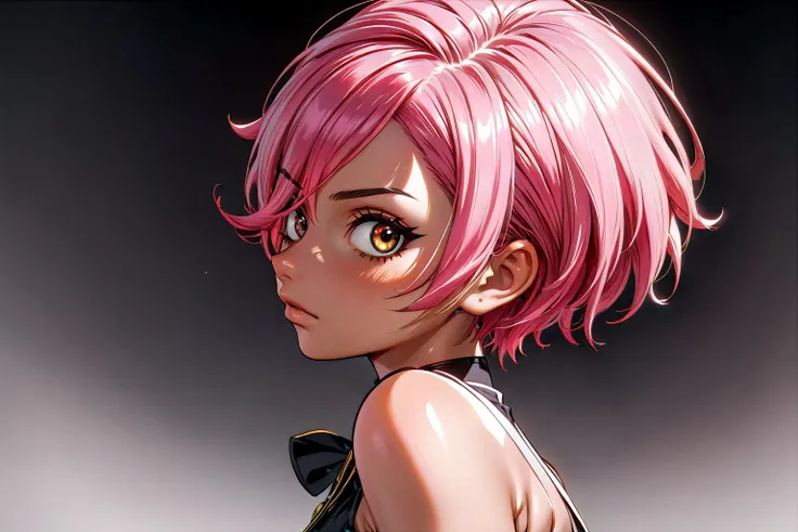 A mature 40-year-old woman with an asymmetrical pixie cut, rendered in high-quality anime style. She boasts an uberfit physique, accentuated by clothing with highly detailed shading and textures, reflecting a meticulous design process. The hair is given exceptional attention, with rich shading and precise line work to enhance depth and volume, creating a striking visual effect. Her eyes are large and detailed, a key feature in anime that captures a wide range of emotions. The addition of advanced dynamic lighting and vibrant colors brings out the realism and depth in her overall appearance. The quality of lineart throughout is intensified, with sharper and more defined lines adding clarity and precision to both the character and her attire. Against a plain white background, these details ensure that the focus remains squarely on the character, highlighting the sophisticated lineart and shading on her hair and clothing.
 <lora:[GP]Thicc Style XL:0.4> thick thighs, curvy
 <lora:DonM3v1lM4dn355XL:0.4> DonM3v1lM4dn355XL
dark eyes, glowing eyes
Light Pink hair  
<lora:lora-000009:0.3> INDIAN ANIME GIRL, Indian Anime girl