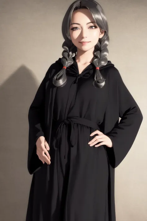 masterpiece, best quality, highres, 1girl twin braids, hood cloak black robe long skirt <lora:saki_kiriya:1> hand on hip, evil smile, (photorealistic:1.2)
