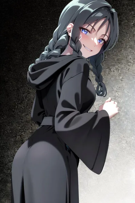 masterpiece, best quality, highres, 1girl twin braids, hood cloak black robe long skirt <lora:saki_kiriya:1> from side, evil smile