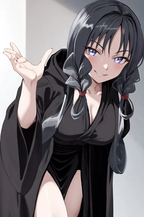 masterpiece, best quality, highres, 1girl twin braids, hood cloak black robe long skirt <lora:saki_kiriya:1> leaning forward, evil smile