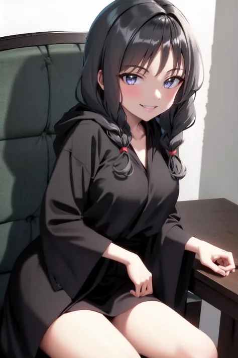masterpiece, best quality, highres, 1girl twin braids, hood cloak black robe long skirt <lora:saki_kiriya:1> sitting on chair, smile