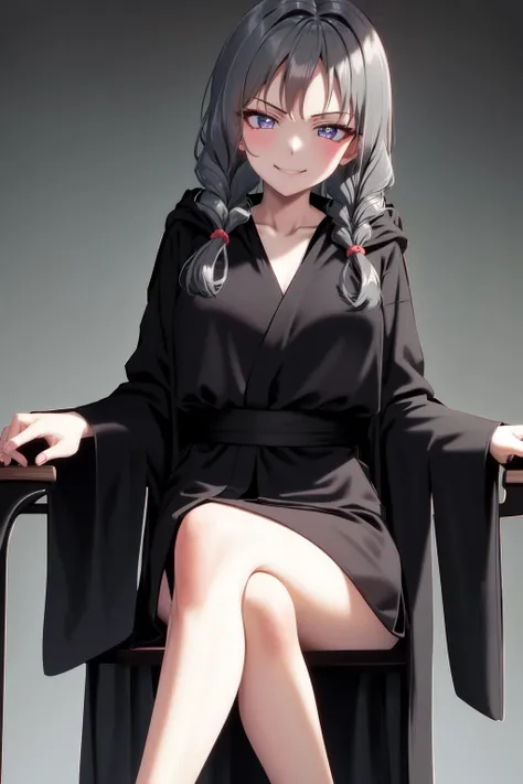 masterpiece, best quality, highres, 1girl twin braids, hood cloak black robe long skirt <lora:saki_kiriya:1> (sitting on chair, crossed legs:1.2), dark, evil smile