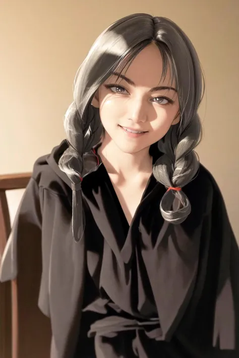 masterpiece, best quality, highres, 1girl twin braids, hood cloak black robe long skirt <lora:saki_kiriya:1> (sitting on chair:1.2), evil smile, (photorealistic:1.7)