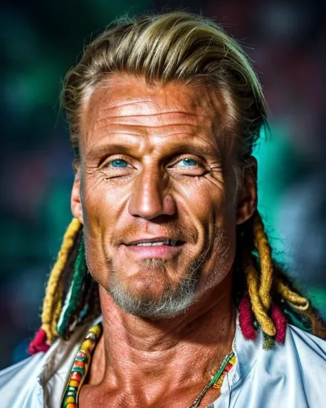 (masterpiece, best quality), Dolph Lungren as rastaman wearing rasta bianie, close up, beard, 1 man, epic (photo, studio lighting, hard light, sony a7, 50 mm, matte skin, pores, colors, hyperdetailed, hyperrealistic), ultrasharp, <lora:dolph:0.95>