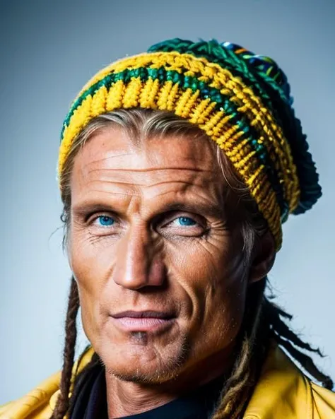 (masterpiece, best quality), Dolph Lungren as rastaman (wearing rasta beanie), blue eyes, close up, 1 man, epic (photo, studio lighting, hard light, sony a7, 50 mm, matte skin, pores, colors, hyperdetailed, hyperrealistic), ultrasharp, <lora:dolph:0.95>