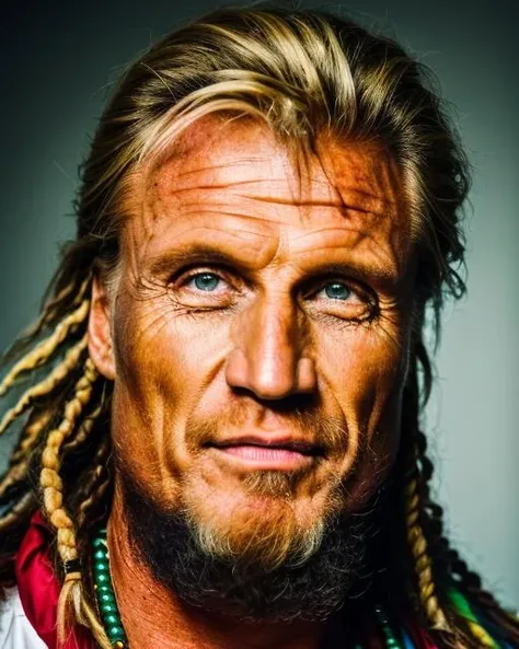 (masterpiece, best quality), Dolph Lungren as rastaman wearing rasta bianie, close up, beard, 1 man, epic (photo, studio lighting, hard light, sony a7, 50 mm, matte skin, pores, colors, hyperdetailed, hyperrealistic), ultrasharp, <lora:dolph:0.95>