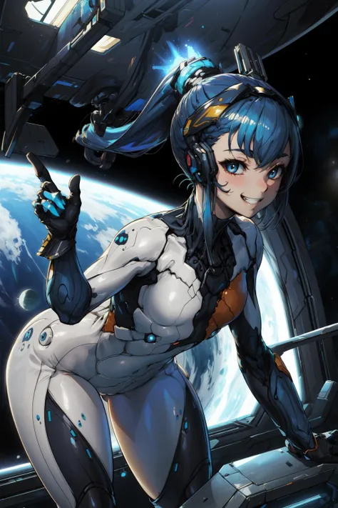 masterpiece,best quality,1girl,Nova,headgear,flat chest,wide hips,thick thighs,gauntlets,grin,blue hair,ponytail,long hair,bent over,spacecraft interior,science fiction,<lora:NovaWF:0.6>,