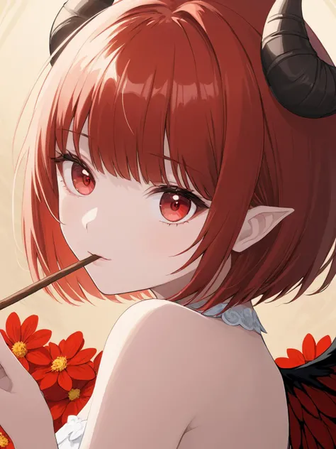 <lora:npc_xl_pocky:1>hold the Pocky,
1girl,face close-up,(masterpiece),(highest quality),highres,(an extremely delicate and beautiful),(extremely detailed),
solo, red hair, red eyes, flower, looking at viewer, red flower,wings,bare shoulders, short hair, bangs, horns,