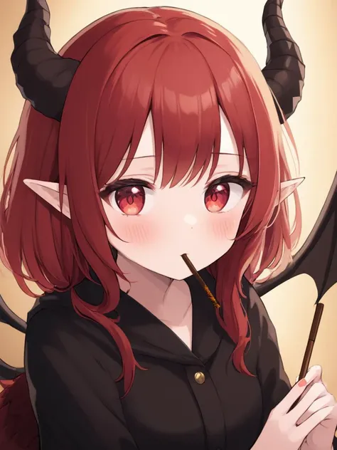 <lora:npc_xl_pocky:1>hold the Pocky,(masterpiece),(highest quality),highres,(an extremely delicate and beautiful),(extremely detailed),
solo, 1girl, red hair, red eyes, horns,blush,looking at viewer,
dragon wings
