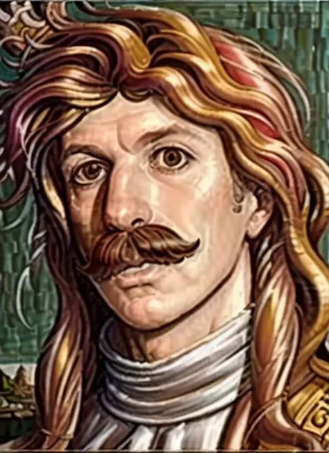 (sandro botticelli painting:1.2) of zladkovladcik with mustache wearing, renaissance italian scenery in the background, super sharp, intricate detail, high resolution, high quality, detailed face, <lora:hjzladkovladcik_v10:0.8>