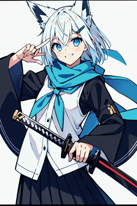 masterpiece, intricate detail,best quality,<lora:Nagishiro Mito:0.8>1girl, solo, weapon, black hair, animal ears, sword, skirt, blue eyes, holding, holding weapon, fox ears, katana, scarf, hair ornament, looking at viewer, wide sleeves, holding sword, neckerchief, pleated skirt, smile, black skirt, blue neckerchief, hairclip, bangs, white background, blue scarf, hair between eyes, letterboxed, long sleeves, short hair, simple background, sailor collar, sheath