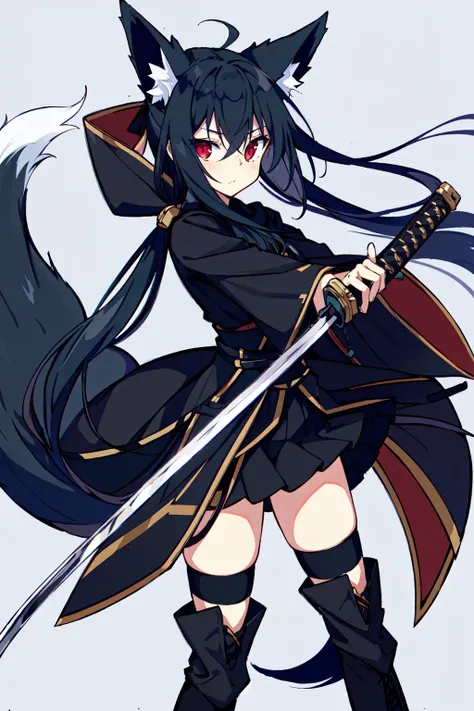 masterpiece, intricate detail,best quality,<lora:Nagishiro Mito:0.8>1girl, solo, weapon, black hair, sword, animal ears, long hair, thighhighs, red eyes, tail, fox ears, holding, black thighhighs, holding weapon, holding sword, looking at viewer, fox tail, hair between eyes, katana, bangs, boots, sidelocks, fox girl, sheath, wide sleeves, skirt