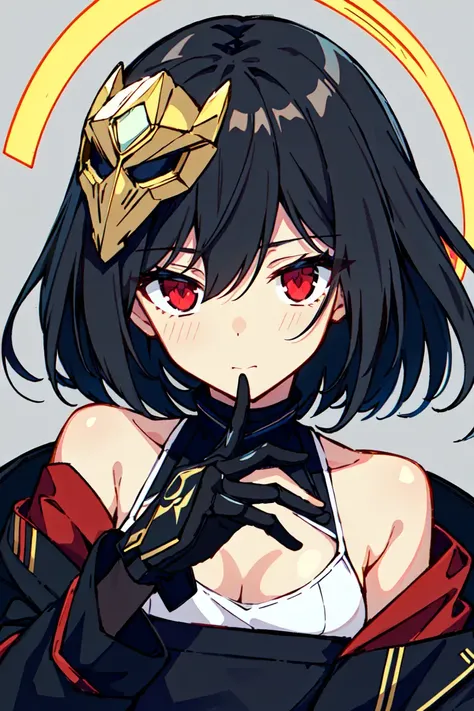 masterpiece, intricate detail,best quality,<lora:Nagishiro Mito:0.8>off_shoulder,jacket,1girl,jirai kei,solo,red eyes,cold attitude,mechanical halo,best quality, {{masterpiece}}, illustration,{{official art}},{{beautiful detailed eyes}},half gloves,black mask,black hair,looking at viewer,