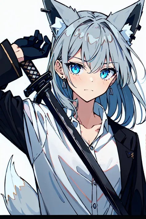 masterpiece, intricate detail,best quality,<lora:Nagishiro Mito:0.8>weapon, solo, sword, gloves, jewelry, 1girl, holding, animal ears, katana, black gloves, holding weapon, looking at viewer, earrings, holding sword, letterboxed, jacket, white background, shirt, fox ears, white shirt, blue eyes, grey hair, upper body, simple background, open clothes