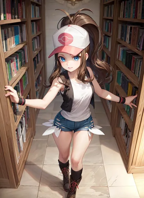 ((best quality)), ((highly detailed)), masterpiece, absurdres, (detailed eyes, deep eyes), (1girl), Perspective control, dynamic pose, full body, <lora:hairdetailer:.9>, <lora:hilda:1>, hilda, brown hair, long hair, sidelocks, high ponytail, ponytail, blue eyes, wide hips, smiling, hat, baseball cap, black vest, sleeveless shirt, white shirt, wristband, denim shorts, short shorts, boots, (indoors, in a library, librarian, book shelves)