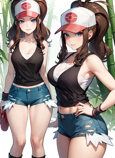 ((best quality)), ((highly detailed)), masterpiece, absurdres, extremely detailed face, beautiful face, (detailed eyes, deep eyes), (1girl), multiple views, cowboy shot, <lora:hilda:1>, hilda, brown hair, long hair, sidelocks, high ponytail, ponytail, blue eyes, wide hips, smiling, hat, baseball cap, black vest, sleeveless shirt, white shirt, wristband, denim shorts, short shorts, boots, poke ball, (at a bamboo forest, afternoon)