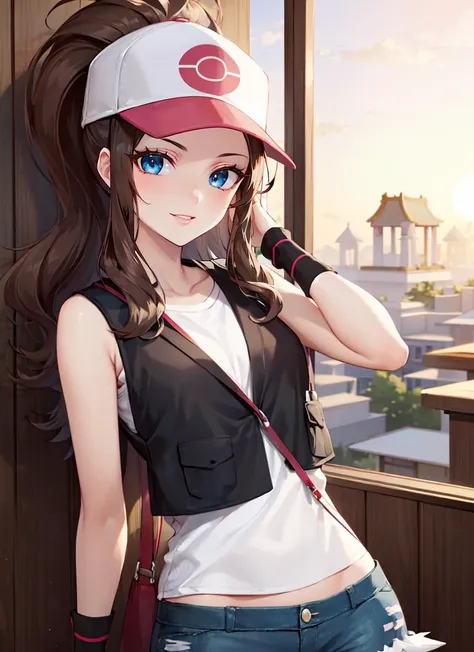 ((best quality)), ((highly detailed)), masterpiece, absurdres, extremely detailed face, beautiful face, (detailed eyes, deep eyes), (1girl), dynamic pose, upper body, <lora:hilda:1>, hilda, brown hair, long hair, sidelocks, high ponytail, ponytail, blue eyes, wide hips, smiling, hat, baseball cap, black vest, sleeveless shirt, white shirt, wristband, denim shorts, short shorts, boots, shoulder bag, (in a temple, morning, sunrise)