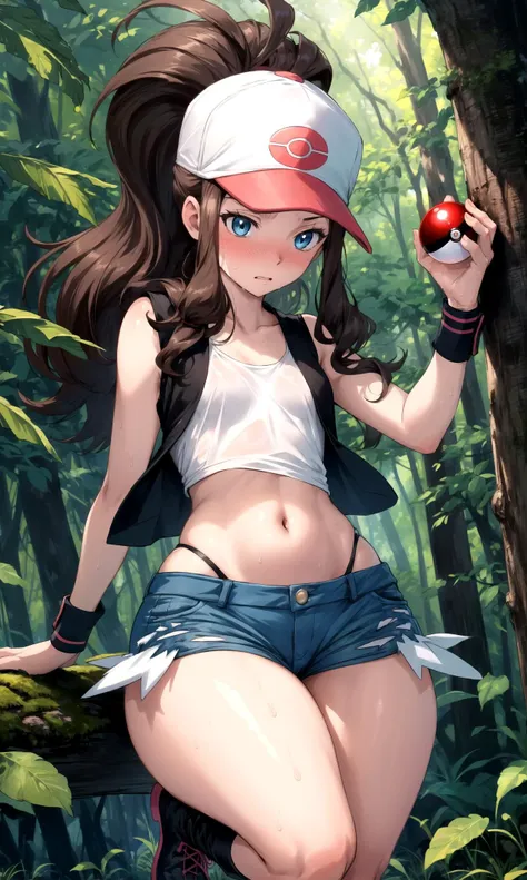 (best quality, highres, masterpiece:1.2), ultra-detailed, realistic:1.37, sketches, hilda pokemon, def1, very_young_girl, full body, visible thighs, thick thighs, thighs in the foreground, body shape, in some Mayan ruins, tropical setting, lost civilization, tocando su cuerpo, curious look, pokeballs, smile, encanto femenino, downblouse, nsfw,spread_legs,open_mouth