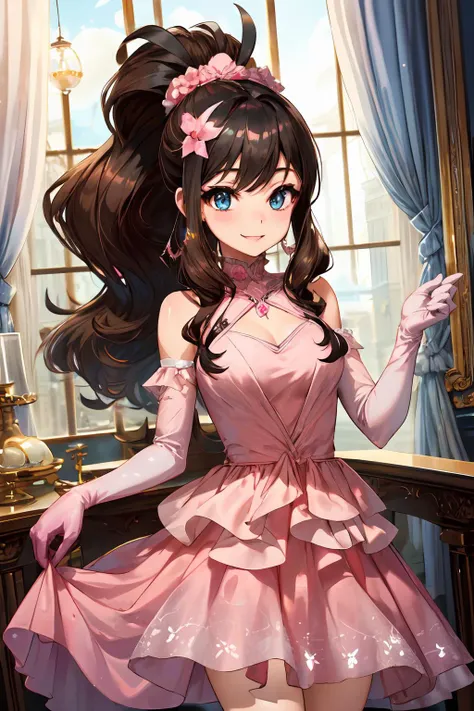 masterpiece,best quality,1girl,hilda,long hair,sidelocks,high ponytail,ponytail,blue eyes,brown hair,hair ornament,formal,pink dress,long dress,elbow gloves,smile,luxury villa interior,cowboy shot,<lora:hilda:0.8>,