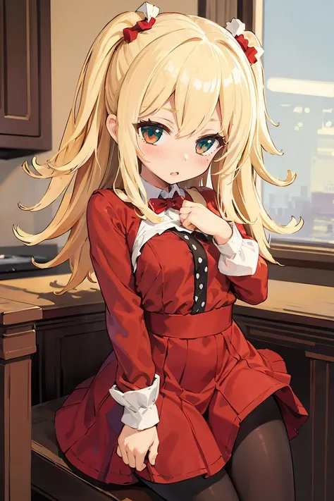 (masterpiece, best quality), 1girl, blonde hair, red dress, pantyhose, cute face, blush,