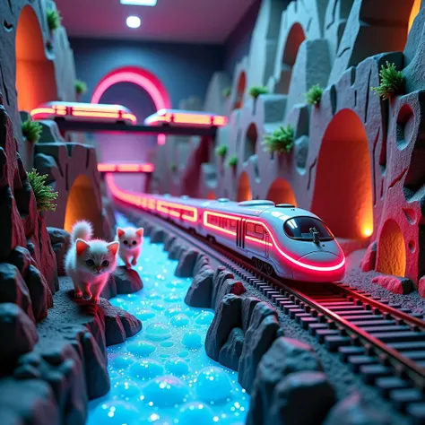 A stunning futuristic fantasy model train set layout fills a spacious basement room, featuring intricately designed mountains and tunnels that rise dramatically above the tracks. Electric bullet trains zip along the tracks, glimmering with neon lights, while vibrant bridges arch over sparkling rivers below. A couple of playful kittens and puppies chase after the trains, their fur reflecting the colorful lights of the scene. 12K ultra-detailed 3D rendering, crystal clear, with rich textures and dynamic lighting bringing the miniature world to life.