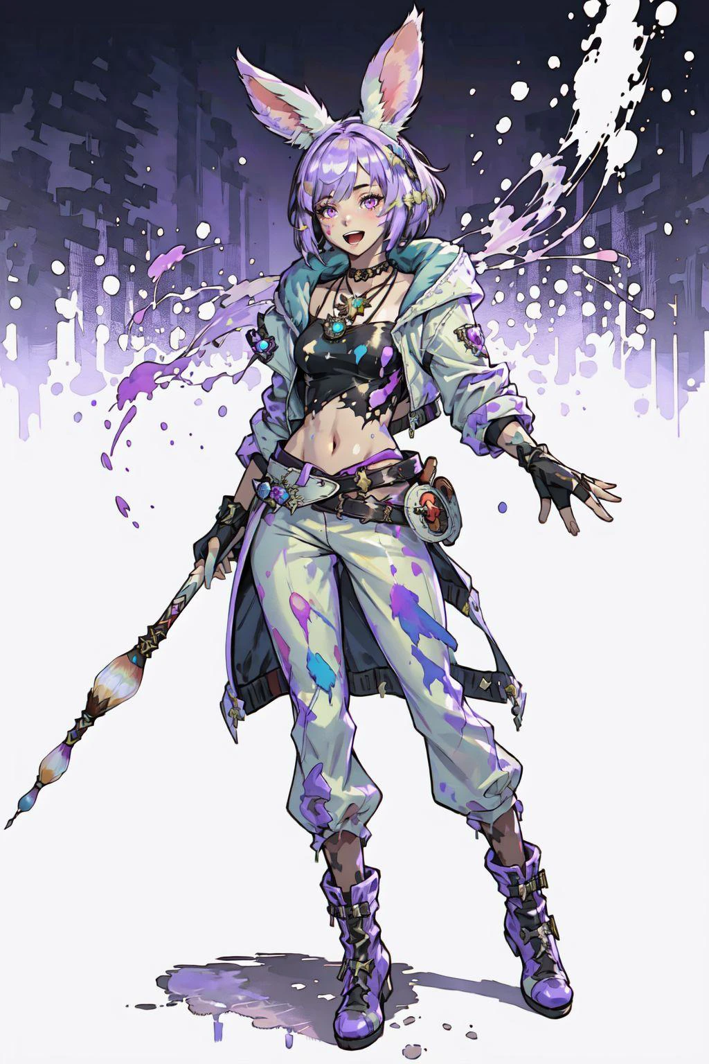 PictomancerFFXIV, 1girl, solo, viera, rabbit ears, short hair, open mouth, gloves, outdoors, battle effects, navel, jewelry, jacket, full body, purple hair, boots, midriff, belt, pants, fingerless gloves, necklace, paintbrush, paint drip, paint splash, paint splatter, masterpiece, best quality , official art , <lora:PictoMancerFFXIV:0.8>