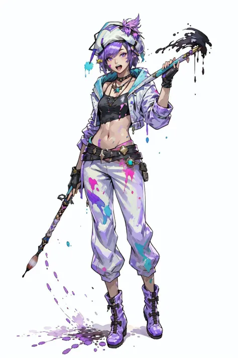 PictomancerFFXIV, 1girl, solo, short hair, open mouth, simple background, gloves, hat, white background, navel, jewelry, jacket, full body, purple hair, boots, midriff, belt, pants, fingerless gloves, necklace, paintbrush, paint drip, paint splash, paint splatter, masterpiece, best quality , official art , <lora:PictoMancerFFXIV:0.8>