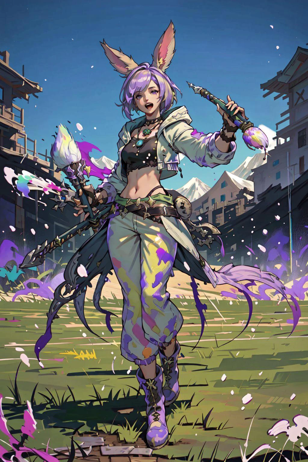 PictomancerFFXIV, 1girl, solo, viera, rabbit ears, short hair, open mouth, gloves, outdoors, navel, jewelry, jacket, full body, purple hair, boots, midriff, belt, pants, fingerless gloves, necklace, paintbrush, paint drip, paint splash, paint splatter, grass, mountains, dynamic pose, cinematic angle, side lighting, cinematic, Onsal Hakkir, PVP mode, FFXIV, masterpiece, best quality , official art , <lora:PictoMancerFFXIV:0.8>