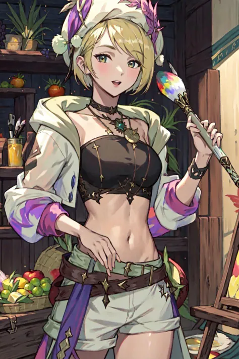 PictomancerFFXIV, 1girl, solo, short hair, blonde hair, hat, navel, holding, jewelry, standing, jacket, paintbrush, cowboy shot, food, choker, midriff, belt, indoors, necklace, crop top, fruit, white jacket, cropped jacket, holding paintbrush, apple, basket, hat feather, grapes, banana, masterpiece, best quality , official art , <lora:PictoMancerFFXIV:0.8>