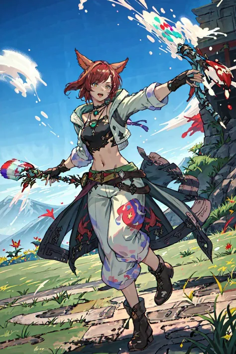 PictomancerFFXIV, 1girl, solo, miqote, cat ears, animal ears, short hair, open mouth, gloves,  outdoors,  navel, jewelry, jacket, full body, red hair, boots, midriff, belt, pants, fingerless gloves, necklace, paintbrush, paint drip, paint splash, paint splatter, grass, mountains, dynamic pose, cinematic angle, side lighting, cinematic, Onsal Hakkir, PVP mode, FFXIV, masterpiece, best quality , official art , <lora:PictoMancerFFXIV:0.9>