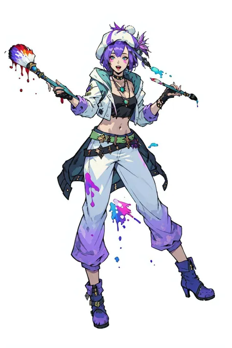 PictomancerFFXIV, 1girl, solo, short hair, open mouth, simple background, gloves, hat, white background, navel, jewelry, jacket, full body, purple hair, boots, midriff, belt, pants, fingerless gloves, necklace, paintbrush, paint drip, paint splash, paint splatter, masterpiece, best quality , official art , <lora:PictoMancerFFXIV:0.8>