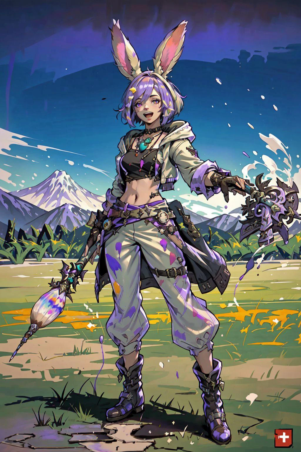 PictomancerFFXIV, 1girl, solo, viera, rabbit ears, short hair, open mouth, gloves, outdoors, battle effects, navel, jewelry, jacket, full body, purple hair, boots, midriff, belt, pants, fingerless gloves, necklace, paintbrush, paint drip, paint splash, paint splatter, grass, mountains, Onsal Hakkir, PVP mode, FFXIV, masterpiece, best quality , official art , <lora:PictoMancerFFXIV:0.8>