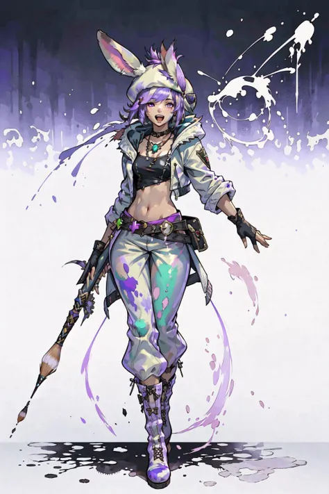 PictomancerFFXIV, 1girl, solo, viera, rabbit ears, short hair, open mouth, gloves, hat, outdoors, battle effects, navel, jewelry, jacket, full body, purple hair, boots, midriff, belt, pants, fingerless gloves, necklace, paintbrush, paint drip, paint splash, paint splatter, masterpiece, best quality , official art , <lora:PictoMancerFFXIV:0.8>