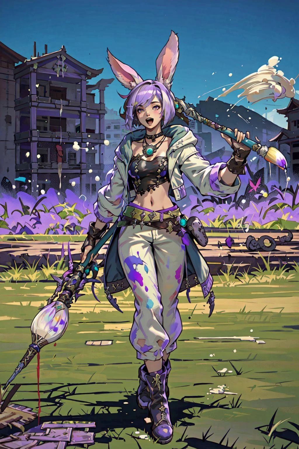 PictomancerFFXIV, 1girl, solo, viera, rabbit ears, short hair, open mouth, gloves, outdoors, navel, jewelry, jacket, full body, purple hair, boots, midriff, belt, pants, fingerless gloves, necklace, paintbrush, paint drip, paint splash, paint splatter, grass, mountains, Onsal Hakkir, PVP mode, FFXIV, masterpiece, best quality , official art , <lora:PictoMancerFFXIV:0.8>