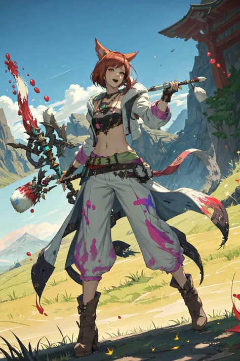 PictomancerFFXIV, 1girl, solo, miqote, cat ears, animal ears, short hair, open mouth, gloves,  outdoors,  navel, jewelry, jacket, full body, red hair, boots, midriff, belt, pants, fingerless gloves, necklace, paintbrush, paint drip, paint splash, paint splatter, grass, mountains, dynamic pose, cinematic angle, side lighting, cinematic, Onsal Hakkir, PVP mode, FFXIV, masterpiece, best quality , official art , <lora:PictoMancerFFXIV:0.8>