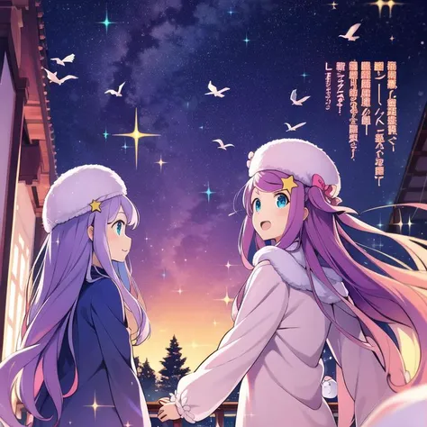 <lora:AnastasiaHoshinV1:0.8>, AnastasiaHoshin, long hair, bird, night, sparkle, text