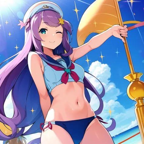 <lora:AnastasiaHoshinV1:0.8>,  AnastasiaHoshin, 1girl, alternate_outfit, flag, whistle, sailor-swimsuit, one eye closed, long hair, blue_sky, sparkles