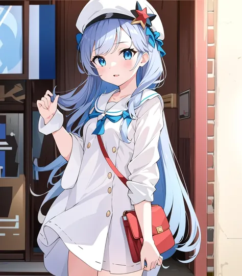 masterpiece, best quality, 1girl, <lora:anastasiaHoshinReZero_v1:0.5>, AnastasiaHoshin, white_shirt, white_hat, small_breasts, red_purse, blue_eyes