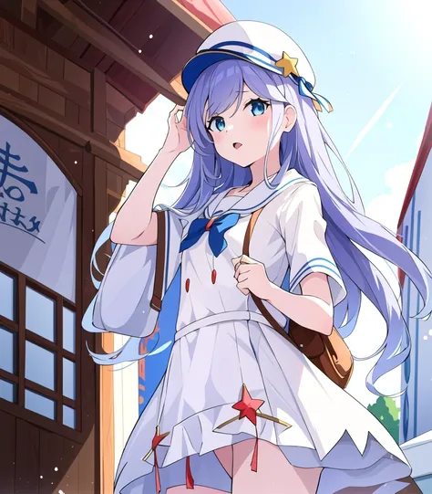 masterpiece, best quality, 1girl, <lora:anastasiaHoshinReZero_v1:0.7>, AnastasiaHoshin, white_shirt, white_hat, small_breasts, red_purse, blue_eyes