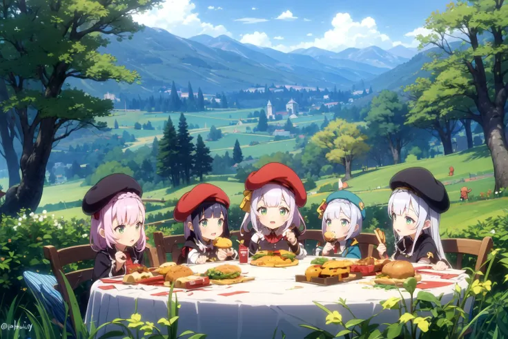 Everyone gathered around the table, sitting on chairs and eating hamburgers. scenery, nordic forest, village, <lora:Noelle-v7.7:0:0.7>chibi, 6+girls, kfc costume, beret, holding tray of food, sitting, smile, open mouth, cowboy shot, lily of the valley, ivy, pine tree, mountain, village, castle