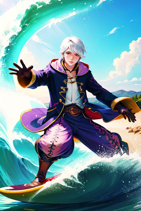 Highly detailed, High Quality, Masterpiece, beautiful, malerobin, brown eyes, wizard, robe, hood, pants, gloves, white hair, <lora:Char_FireEmblem_RobinMale:1>, surfing, waves, <lora:Pos_Surfing:0.8>